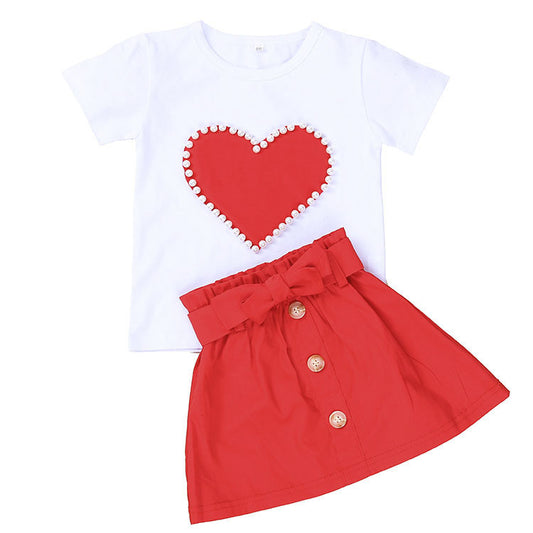 European And American Summer Children's Clothing New Girl Pearl Love White Short Sleeve + bow Skirt Baby Skirt Set