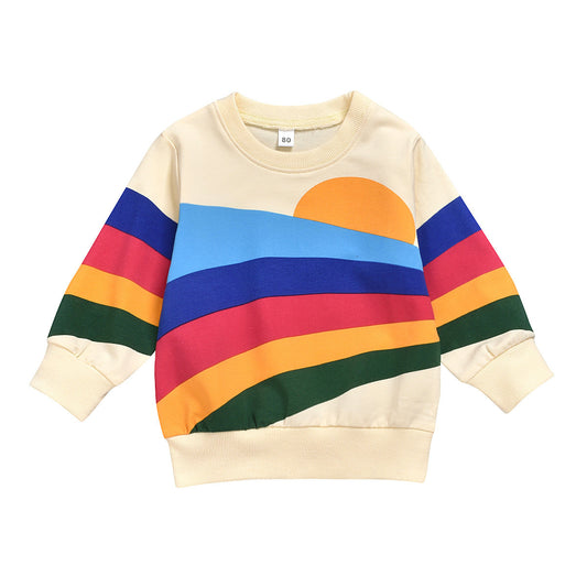 Western Style Rainbow Print Long Sleeved Round Neck Children's Clothing For Boys And Girls