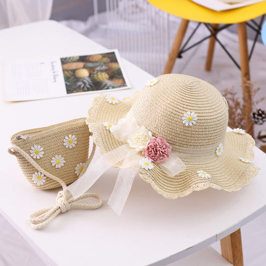 Straw Woven Ribbon Flower Sunshade Hat Fisherman Hat Parent-Child Sun Protection