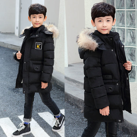 Children's Hooded Cotton Coat With Fur Collar And Cotton Quilted Jacket