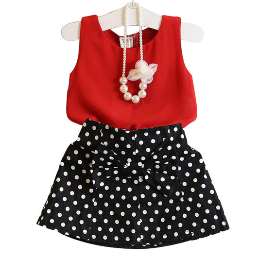 new summer girls temperament dot chiffon suit chiffon vest top + polka dot skirt without necklace