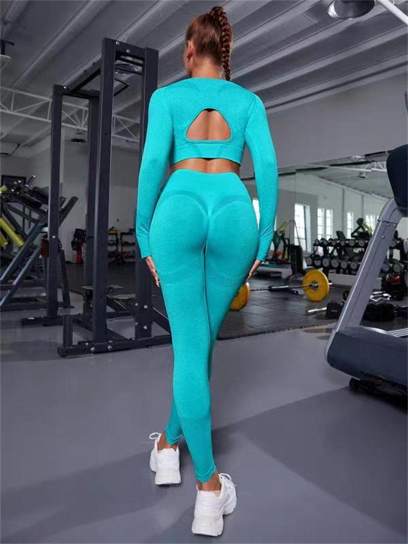 2pcs Sports Suits Long Sleeve Hollow Design Tops And Butt Lifting High Waist Seamless Fitness Leggings Sports Gym Sportswear Outfits Clothing - AL MONI EXPRESS
