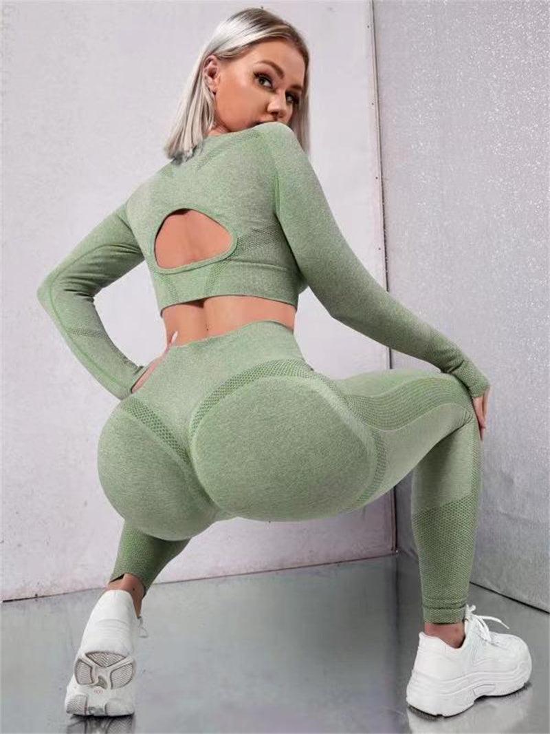 2pcs Sports Suits Long Sleeve Hollow Design Tops And Butt Lifting High Waist Seamless Fitness Leggings Sports Gym Sportswear Outfits Clothing - AL MONI EXPRESS