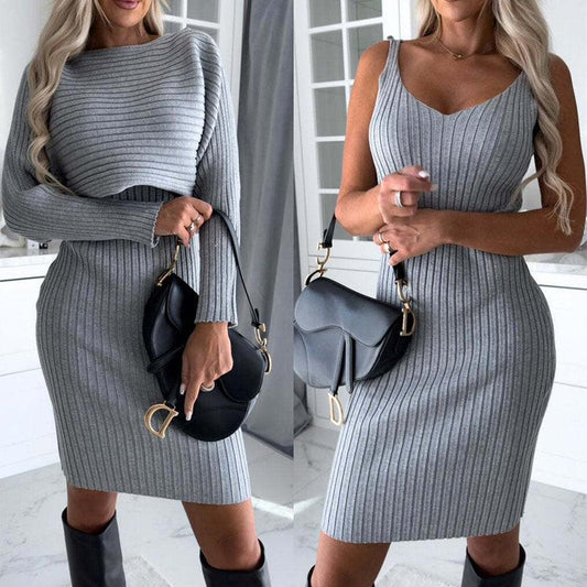 2pcs Suit Women's Solid Stripe Long-sleeved Top And Tight Suspender Skirt Fashion Autumn Winter Slim Clothing - AL MONI EXPRESS
