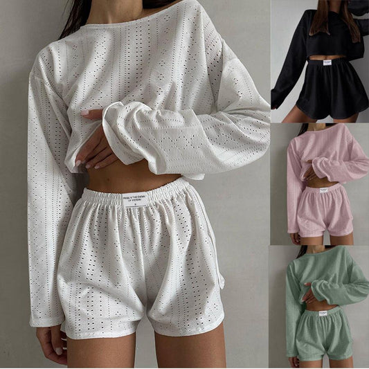 2pcs Women's Suit Long Sleeve Pullover Top And Shorts Fashion Simple Slim Fit Loose Hollow-out Design Suits - AL MONI EXPRESS