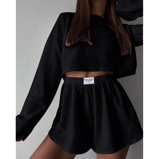 2pcs Women's Suit Long Sleeve Pullover Top And Shorts Fashion Simple Slim Fit Loose Hollow-out Design Suits - AL MONI EXPRESS
