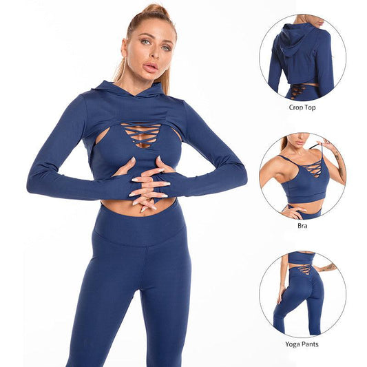 3pcs Sports Suits Long Sleeve Hooded Top Hollow Design Camisole And Butt Lifting High Waist Seamless Fitness Leggings Sports Gym Outfits Clothing - AL MONI EXPRESS