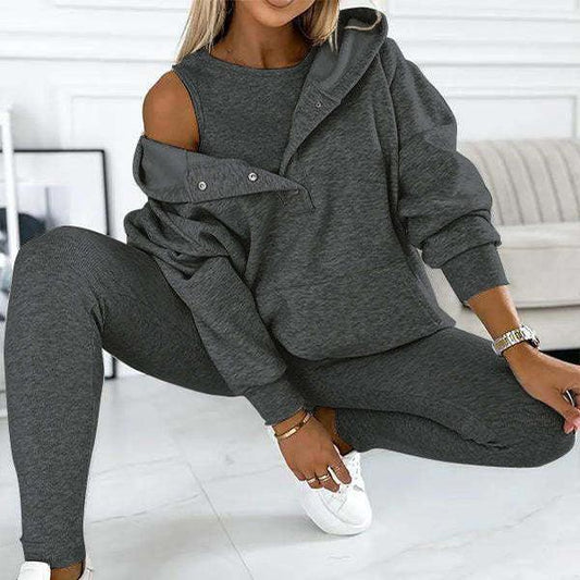 3pcs Women's Sports Suit Loose Hooded Pockets Sweatshirt And Vest And Slim Trousers - AL MONI EXPRESS