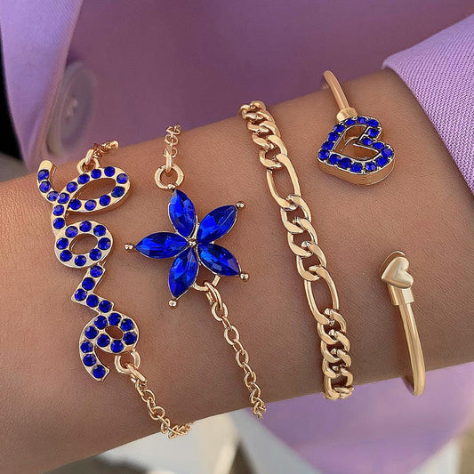 4pcs Blue Flower Love Butterfly Bracelet Set With Rhinestones Design Valentines Day - AL MONI EXPRESS