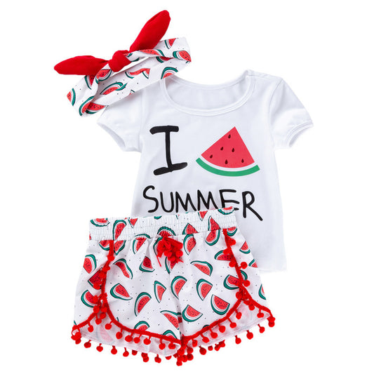 Summer Baby Girl Beach Short-sleeved T-shirt Shorts Hairband Set
