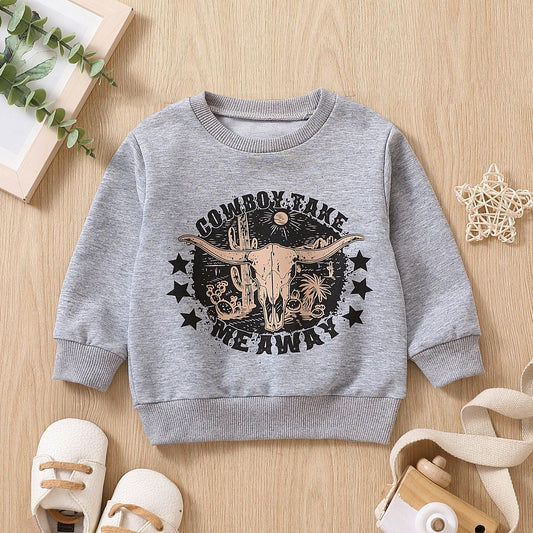 Grey Printed Letter Cow Head Children's Sweater