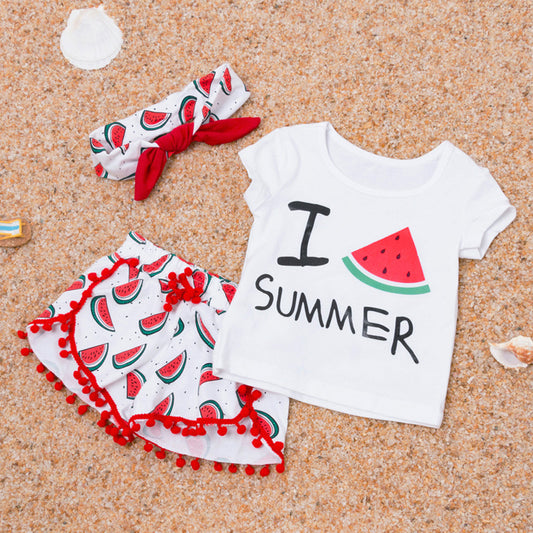 Summer Baby Girl Beach Short-sleeved T-shirt Shorts Hairband Set