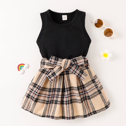 Solid Color Tank Top Plaid Skirt Girls Suit