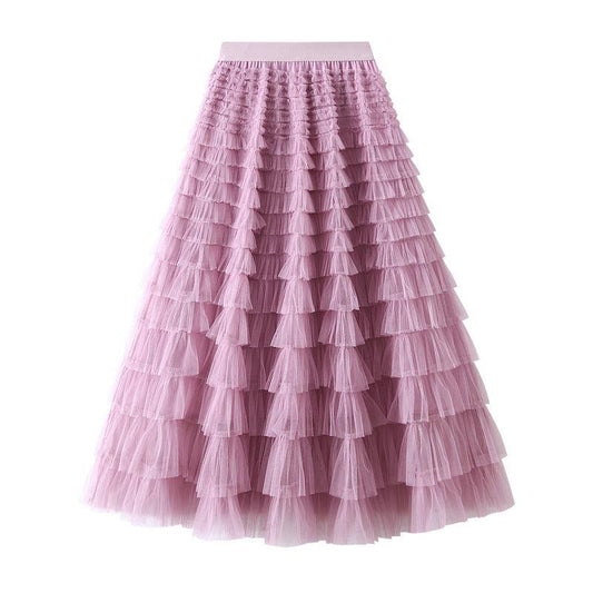 A-Line Mesh Ruffle Skirt Women's Temperament Sweet Long Skirt Slim Cupcake Dress Womens Clothing - AL MONI EXPRESS