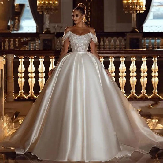 A-Line Off Shoulder Wedding Dresses Shiny Bohemia Women's - Almoni Express