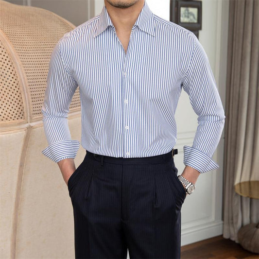 All-match Striped One-piece Collar Long-sleeved Shirt Slim Fit - AL MONI EXPRESS