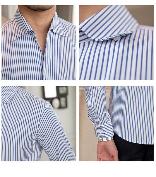 All-match Striped One-piece Collar Long-sleeved Shirt Slim Fit - AL MONI EXPRESS