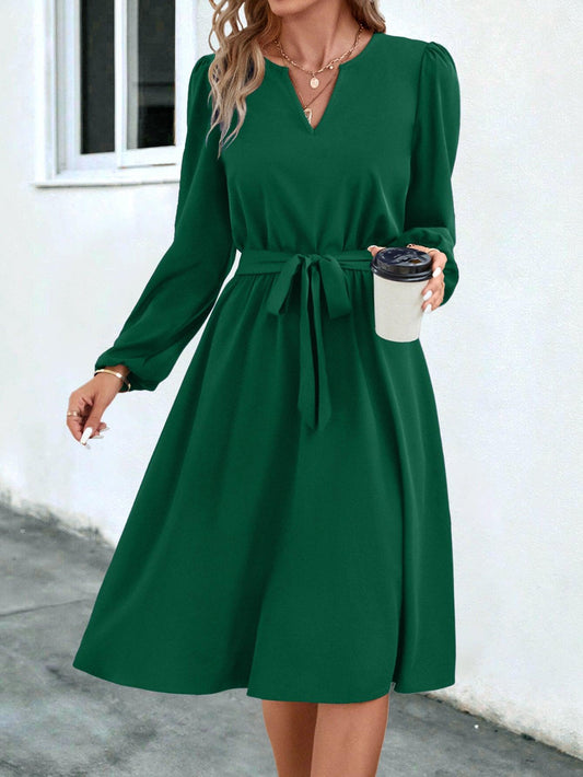 Autumn And Winter European And American Women's Clothing Long Sleeve Small V-neck Lace Up Dress - AL MONI EXPRESS