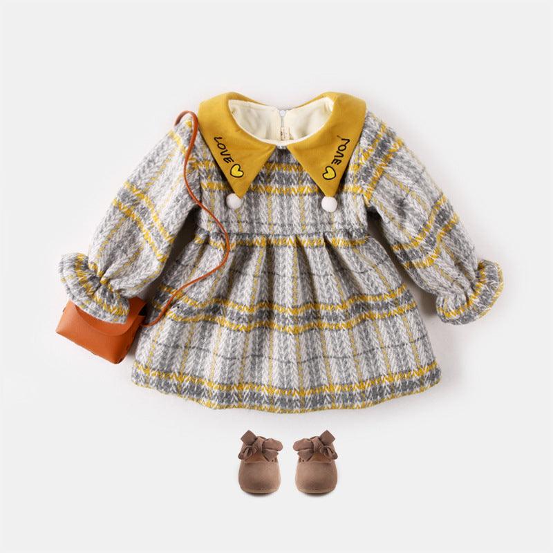 Autumn and winter plus velvet plaid thickened baby girl dress - Almoni Express