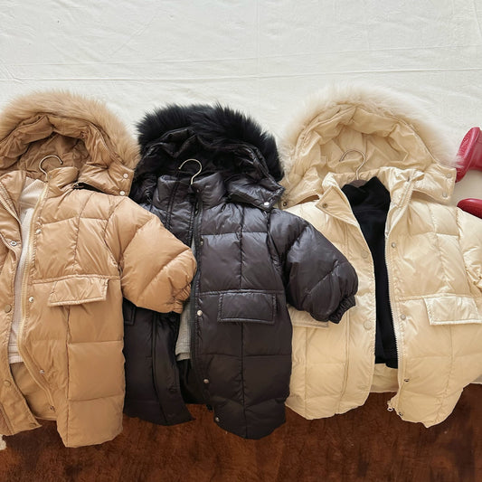 Solid Color Fur Collar Down Jacket Baby Long Section