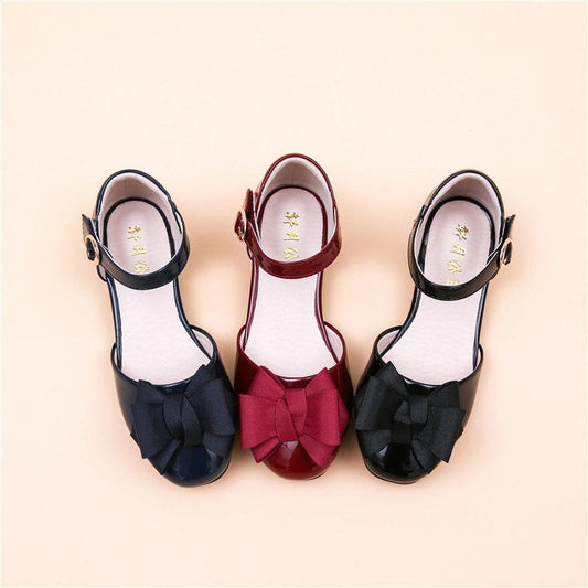 Big Kids' Hollow Velcro Patent Leather Shoes With Bow - Almoni Express