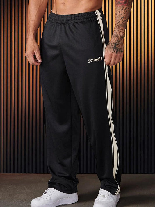 Black And White Ribbon Stitching Casual Trousers Men's Striped Embroidery Fitness Sports - Almoni Express