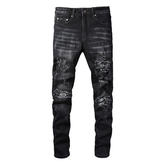 Black Cashew Flower Printed Patch Torn Jeans For Men - AL MONI EXPRESS