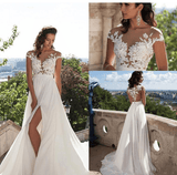 Bohemian wedding dress A word applique floor length chiffon bride dress custom side elegant wedding dress - Almoni Express
