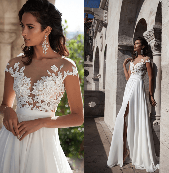Bohemian wedding dress A word applique floor length chiffon bride dress custom side elegant wedding dress - Almoni Express