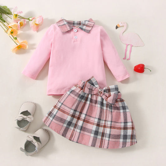 Ins New Children's Clothing Long-sleeved Shirt Plaid Skirt Suit