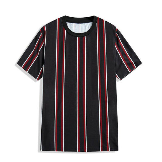 Camiseta de Color contrastante para hombre, camisa informal de verano con cuello redondo de manga corta a rayas verticales, ropa deportiva para hombre - AL MONI EXPRESS