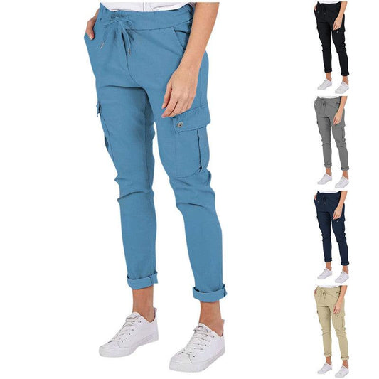 Casual Cargo Pants With Pockets Solid Color Drawstring Waist Pencil Trousers For Women - AL MONI EXPRESS