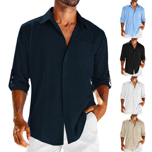 Casual Long Sleeve Shirt With Pocket Lace Polo Collar Solid Color Button Mens Clothing - AL MONI EXPRESS
