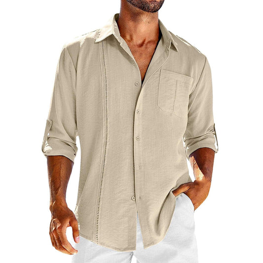 Casual Long Sleeve Shirt With Pocket Lace Polo Collar Solid Color Button Mens Clothing - AL MONI EXPRESS