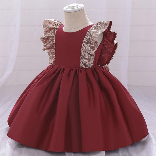 Children's Fluffy Dress, Small Flying Sleeves, Sequins, Hollow Princess Dress, Baby One-year-old Dress - Almoni Express