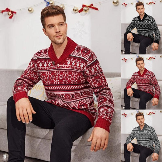 Christmas Elk Lapel Knitted Sweater Men - Almoni Express