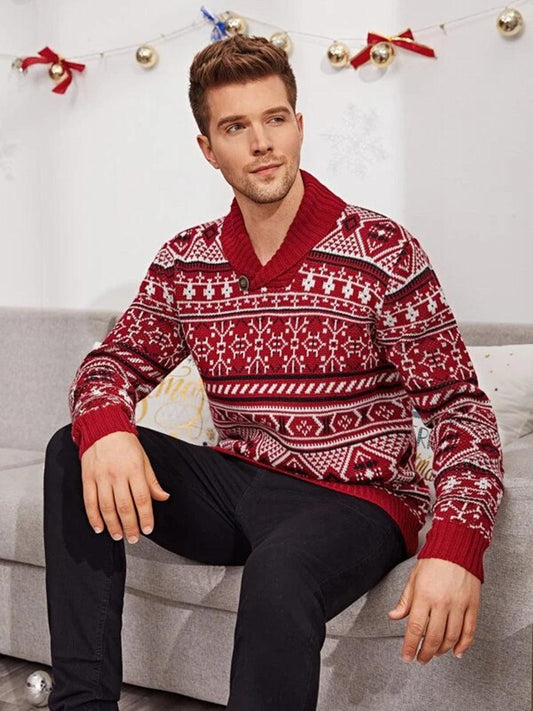 Christmas Elk Lapel Knitted Sweater Men - Almoni Express