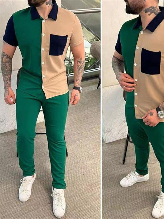 Color Matching Men's Shirt Short-sleeved Trousers Trendy Casual Sports Suit - AL MONI EXPRESS
