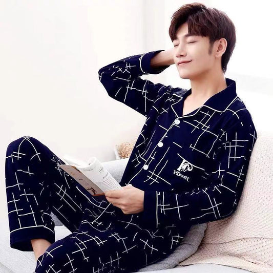 Cotton Pajamas Men's Long Sleeve Plaid Casual Oversize Home Clothes Suit - AL MONI EXPRESS