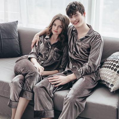 Couple Gold Velvet Long Sleeve Pajamas - Almoni Express