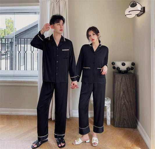 Couple Pajamas Lapel Cardigan Long Sleeves - Almoni Express