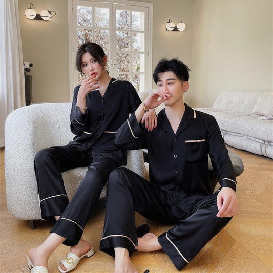 Couple Pajamas Lapel Cardigan Long Sleeves - Almoni Express