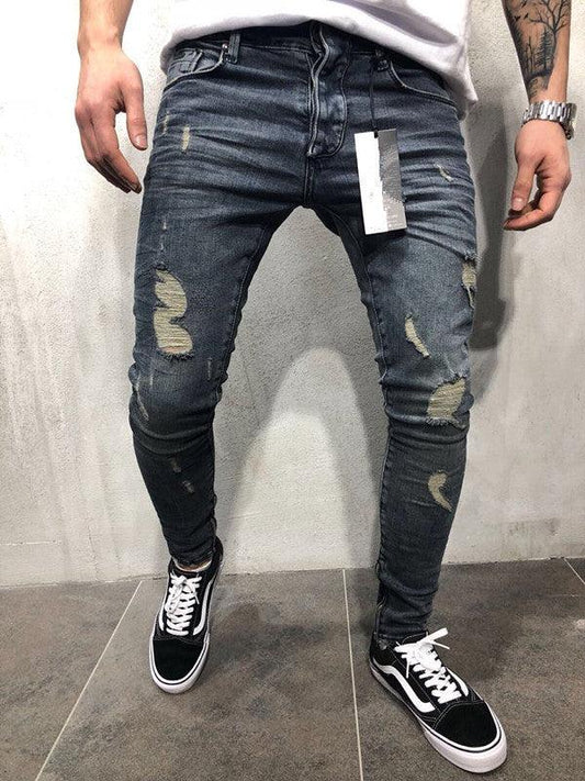 Customized models Europe and the United States high street tide men's hole jeans stretch large size pants slim pants Biker jeans - AL MONI EXPRESS