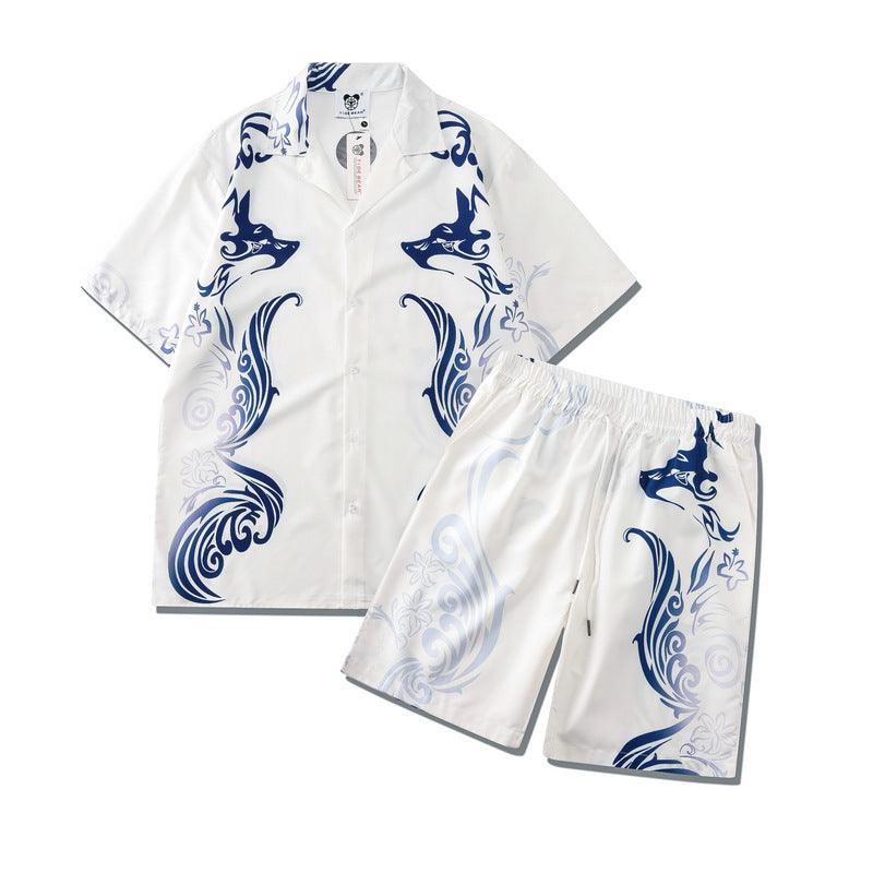 Digital Print White Totem Pattern Shorts Short Sleeve Suit For Men - AL MONI EXPRESS