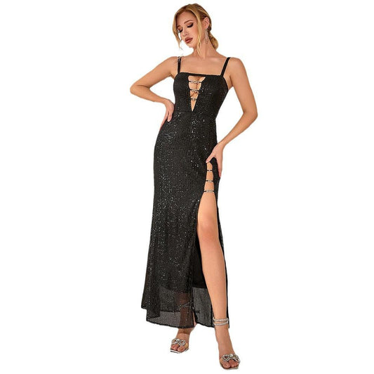 Elegant Elegant Hollow Out High Slit Sequin Sling Evening Party Dress - Almoni Express