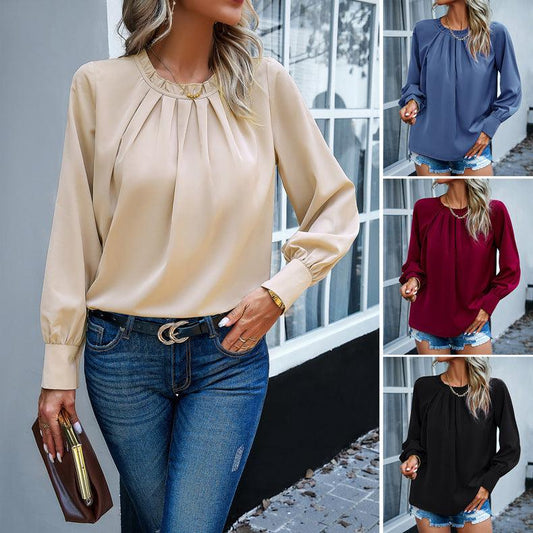 Elegant Lace Collar Long Sleeve Solid Color Top - AL MONI EXPRESS