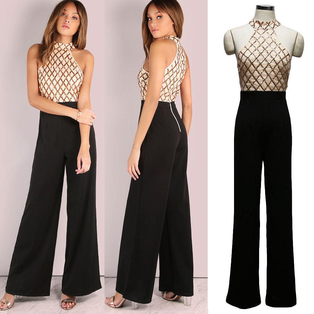 European and American women's sexy jumpsuit hanging neck sequins stitching trumpet jumpsuit trousers - Almoni Express