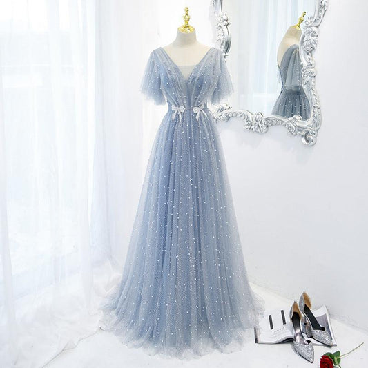 Evening Dress Female Elegant Temperament Host V-neck Super Fairy Thin Long Style - Almoni Express
