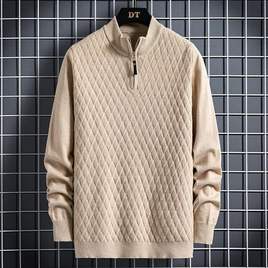 Fall Winter Men Half Zip Sweater Diamond Lattice Sweater - Almoni Express