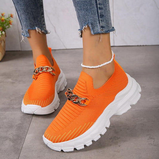 Fashion Chain Design Mesh Shoes For Women Breathable Casual Soft Sole Walking Sock Slip On Flat Shoes - AL MONI EXPRESS